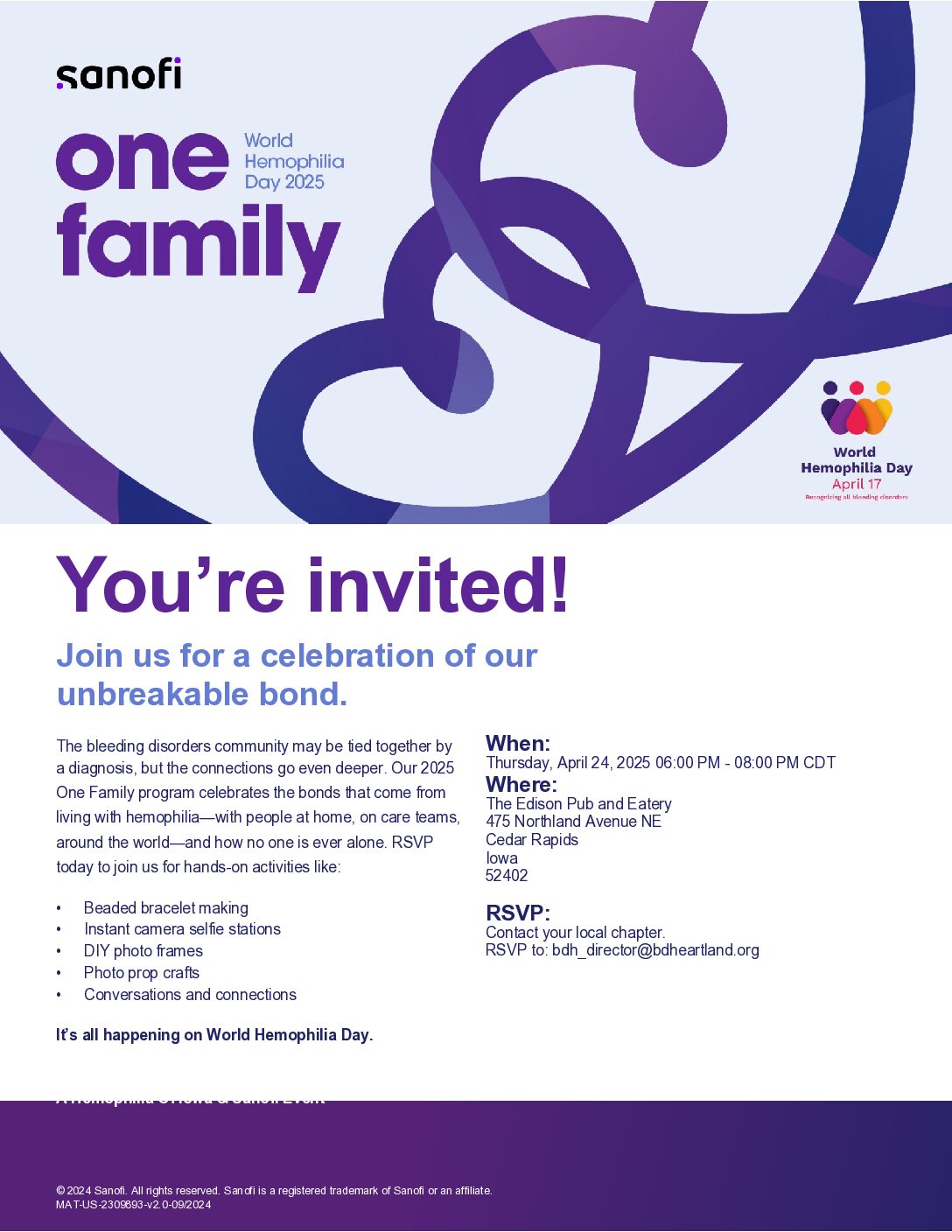 Sanofi World Hemophilia Day Program and Free Dinner